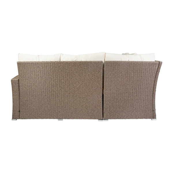 English Elm Huck Indoor/Outdoor Wicker Rattan Conversation Set – Stylish L-Shaped Sofa & Dining Table Combo Beige Cushions/Brown Frame LTS-SET-02023-BG-BR-GG