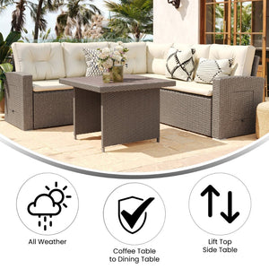 English Elm Huck Indoor/Outdoor Wicker Rattan Conversation Set – Stylish L-Shaped Sofa & Dining Table Combo Beige Cushions/Brown Frame LTS-SET-02023-BG-BR-GG