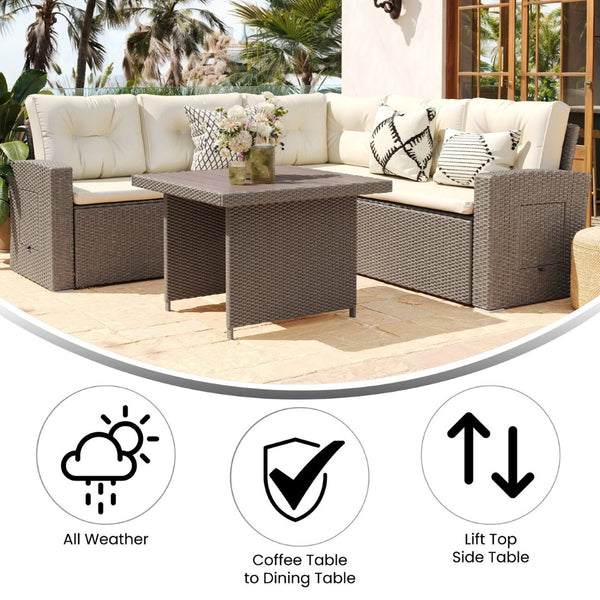 English Elm Huck Indoor/Outdoor Wicker Rattan Conversation Set – Stylish L-Shaped Sofa & Dining Table Combo Beige Cushions/Brown Frame LTS-SET-02023-BG-BR-GG