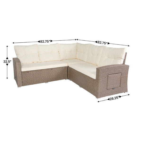 English Elm Huck Indoor/Outdoor Wicker Rattan Conversation Set – Stylish L-Shaped Sofa & Dining Table Combo Beige Cushions/Brown Frame LTS-SET-02023-BG-BR-GG