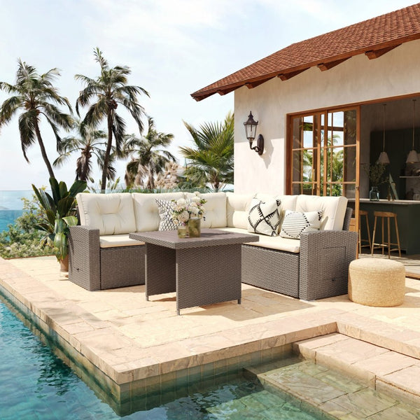 English Elm Huck Indoor/Outdoor Wicker Rattan Conversation Set – Stylish L-Shaped Sofa & Dining Table Combo Beige Cushions/Brown Frame LTS-SET-02023-BG-BR-GG