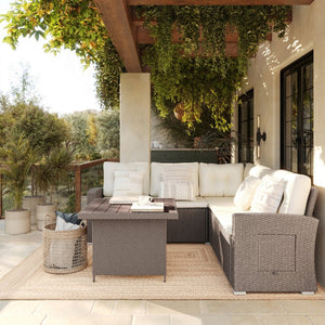 English Elm Huck Indoor/Outdoor Wicker Rattan Conversation Set – Stylish L-Shaped Sofa & Dining Table Combo Beige Cushions/Brown Frame LTS-SET-02023-BG-BR-GG