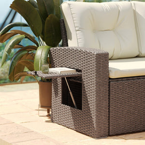 English Elm Huck Indoor/Outdoor Wicker Rattan Conversation Set – Stylish L-Shaped Sofa & Dining Table Combo Beige Cushions/Brown Frame LTS-SET-02023-BG-BR-GG