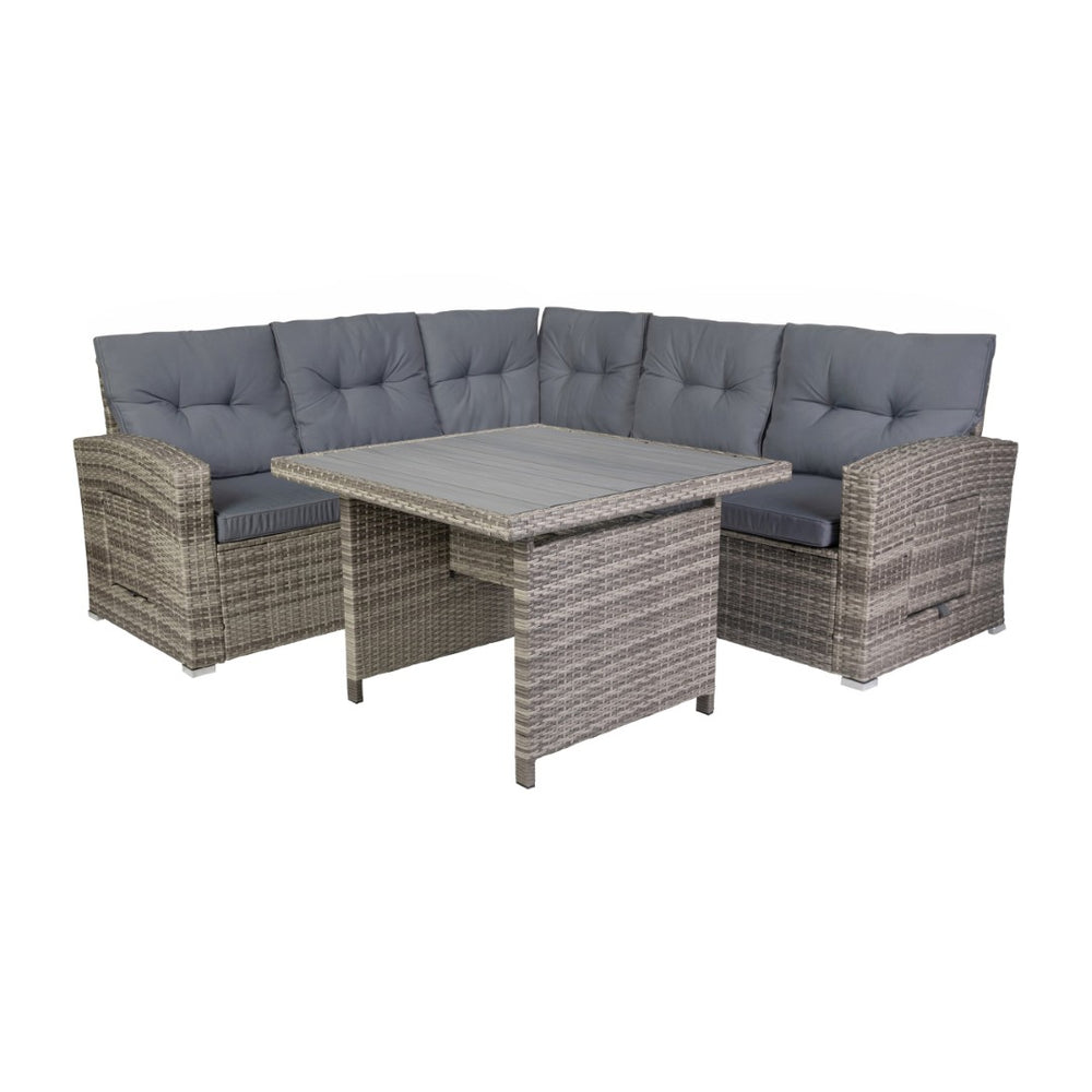 English Elm Huck Indoor/Outdoor Wicker Rattan Conversation Set – Stylish L-Shaped Sofa & Dining Table Combo Gray Cushions/Gray Frame LTS-SET-02023-GY-GY-GG