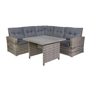English Elm Huck Indoor/Outdoor Wicker Rattan Conversation Set – Stylish L-Shaped Sofa & Dining Table Combo Gray Cushions/Gray Frame LTS-SET-02023-GY-GY-GG