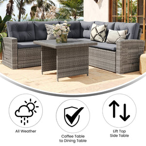 English Elm Huck Indoor/Outdoor Wicker Rattan Conversation Set – Stylish L-Shaped Sofa & Dining Table Combo Gray Cushions/Gray Frame LTS-SET-02023-GY-GY-GG
