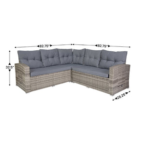 English Elm Huck Indoor/Outdoor Wicker Rattan Conversation Set – Stylish L-Shaped Sofa & Dining Table Combo Gray Cushions/Gray Frame LTS-SET-02023-GY-GY-GG