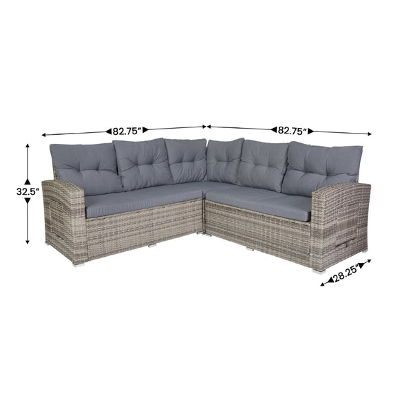 English Elm Huck Indoor/Outdoor Wicker Rattan Conversation Set – Stylish L-Shaped Sofa & Dining Table Combo Gray Cushions/Gray Frame LTS-SET-02023-GY-GY-GG