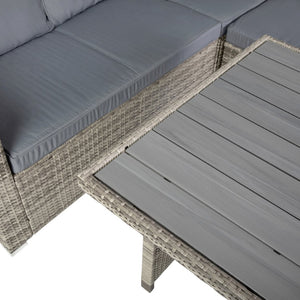 English Elm Huck Indoor/Outdoor Wicker Rattan Conversation Set – Stylish L-Shaped Sofa & Dining Table Combo Gray Cushions/Gray Frame LTS-SET-02023-GY-GY-GG