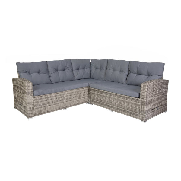 English Elm Huck Indoor/Outdoor Wicker Rattan Conversation Set – Stylish L-Shaped Sofa & Dining Table Combo Gray Cushions/Gray Frame LTS-SET-02023-GY-GY-GG
