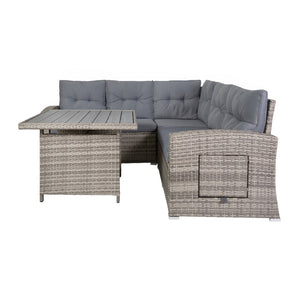English Elm Huck Indoor/Outdoor Wicker Rattan Conversation Set – Stylish L-Shaped Sofa & Dining Table Combo Gray Cushions/Gray Frame LTS-SET-02023-GY-GY-GG