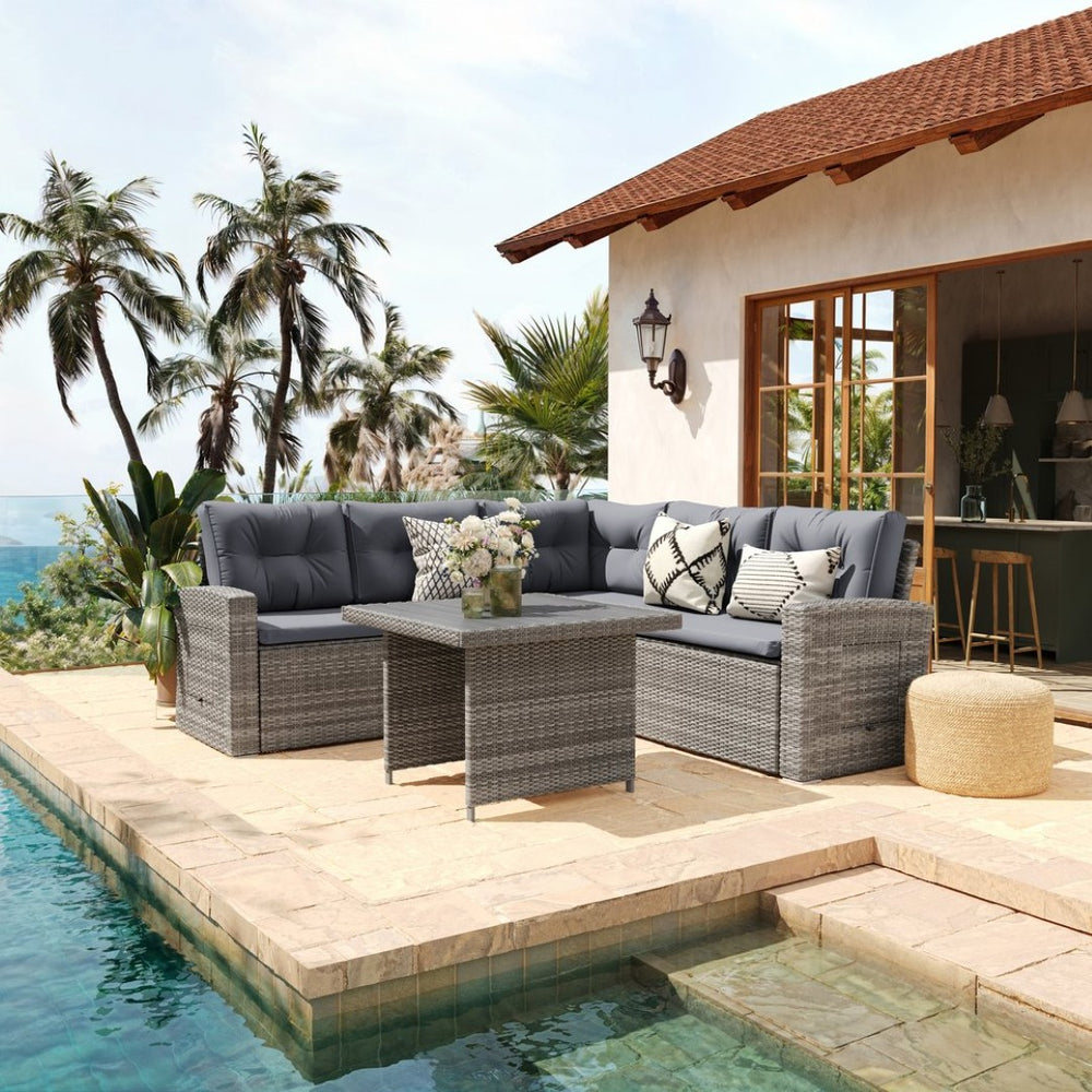 English Elm Huck Indoor/Outdoor Wicker Rattan Conversation Set – Stylish L-Shaped Sofa & Dining Table Combo Gray Cushions/Gray Frame LTS-SET-02023-GY-GY-GG