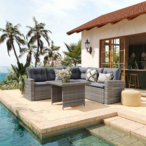 English Elm Huck Indoor/Outdoor Wicker Rattan Conversation Set – Stylish L-Shaped Sofa & Dining Table Combo Gray Cushions/Gray Frame LTS-SET-02023-GY-GY-GG