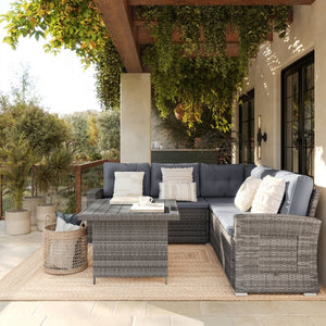 English Elm Huck Indoor/Outdoor Wicker Rattan Conversation Set – Stylish L-Shaped Sofa & Dining Table Combo Gray Cushions/Gray Frame LTS-SET-02023-GY-GY-GG