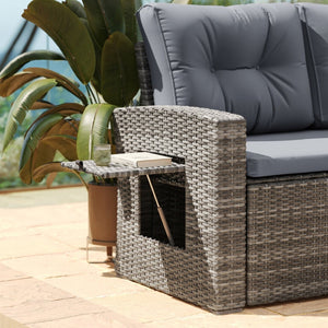 English Elm Huck Indoor/Outdoor Wicker Rattan Conversation Set – Stylish L-Shaped Sofa & Dining Table Combo Gray Cushions/Gray Frame LTS-SET-02023-GY-GY-GG