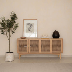 Lh Imports Lumina 4 Door Sideboard – Elegant Storage Solution With Soft-close Doors & Artisan Detailing Beige Solid Oak,100% Natural Paper Rope,Mdf Oak Veneer,Metal Handles Lum04b