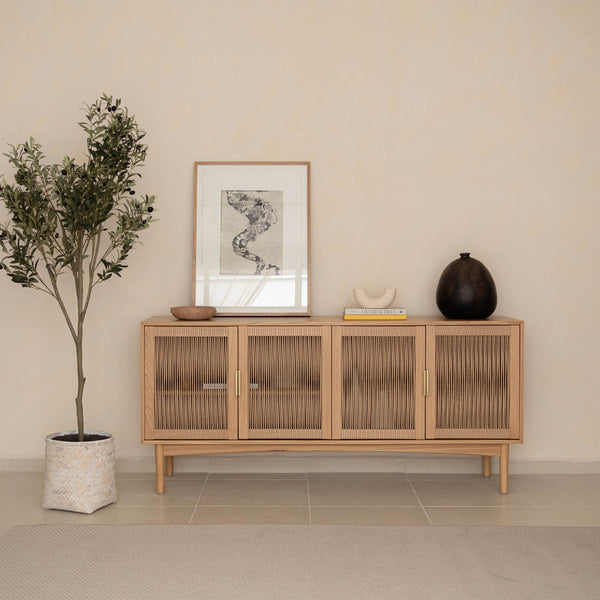 Lh Imports Lumina 4 Door Sideboard – Elegant Storage Solution With Soft-close Doors & Artisan Detailing Beige Solid Oak,100% Natural Paper Rope,Mdf Oak Veneer,Metal Handles Lum04b