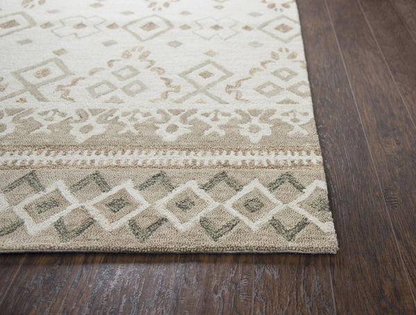 Alora Decor Lavine Hand-Tufted Wool Rug In Ivory Beige With Diamond Motifs And Floral Bands For Living Areas 10' x 13' LAVLV100655040113