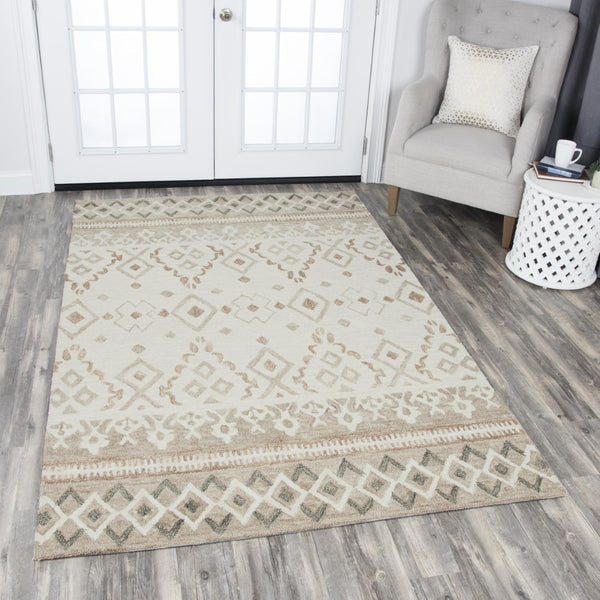 Alora Decor Lavine Hand-Tufted Wool Rug In Ivory Beige With Diamond Motifs And Floral Bands For Living Areas 10' x 13' LAVLV100655040113