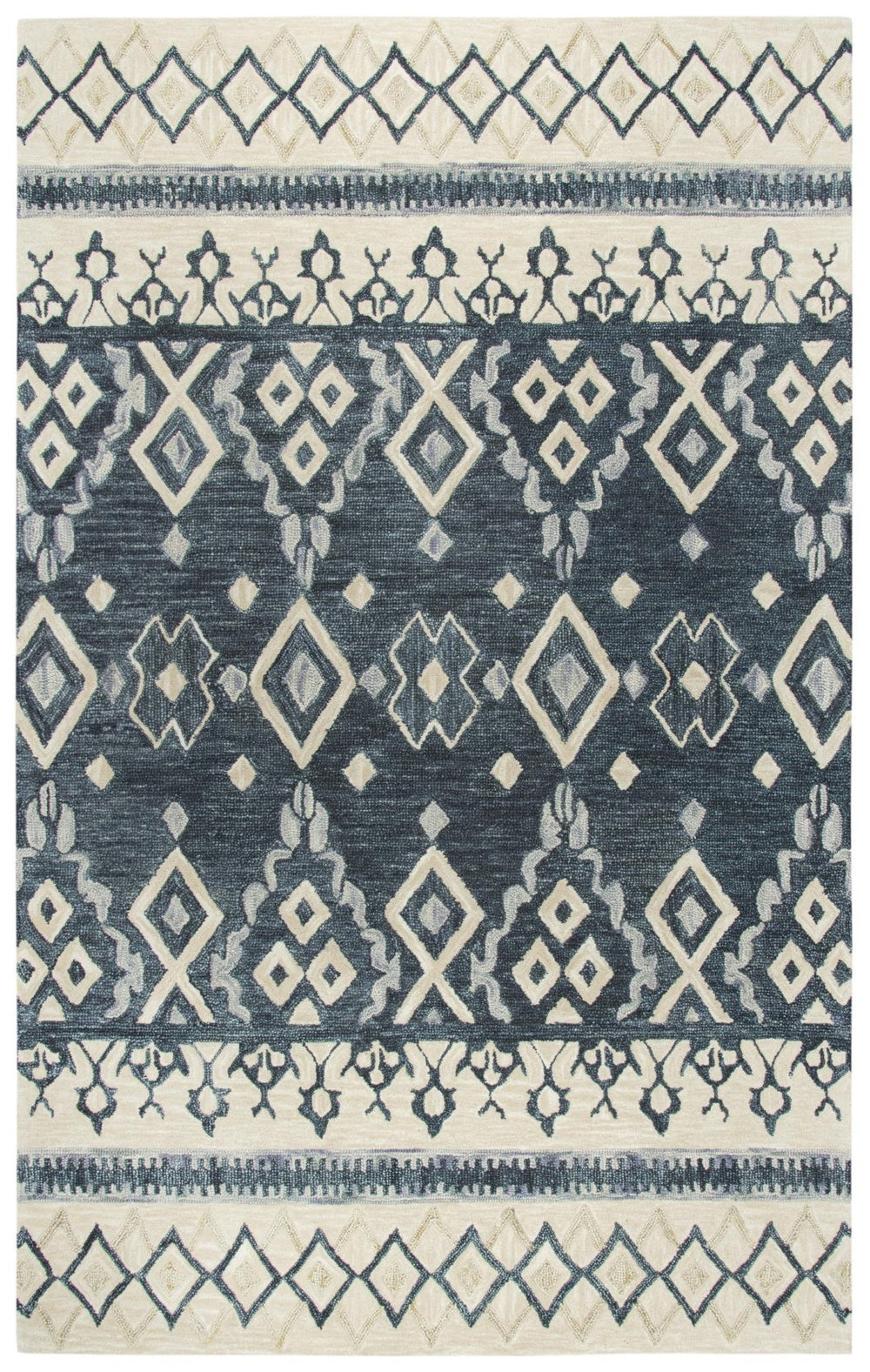 Alora Decor Lavine Hand-Tufted 100% Wool Rug With Indigo Center Stripe, Geometric Floral Motif, Neutral Warmth 10' x 13' LAVLV100833DL0113
