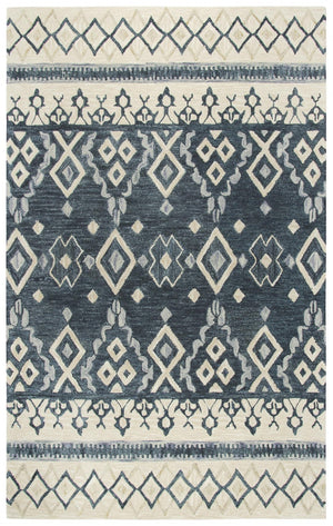Alora Decor Lavine Hand-Tufted 100% Wool Rug With Indigo Center Stripe, Geometric Floral Motif, Neutral Warmth 10' x 13' LAVLV100833DL0113