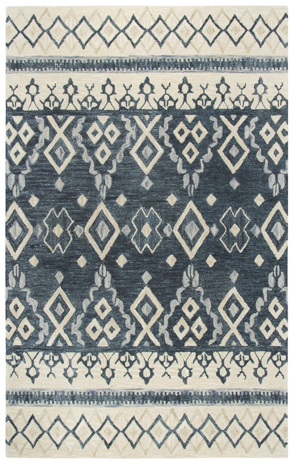 Alora Decor Lavine Hand-Tufted 100% Wool Rug With Indigo Center Stripe, Geometric Floral Motif, Neutral Warmth 10' x 13' LAVLV100833DL0113