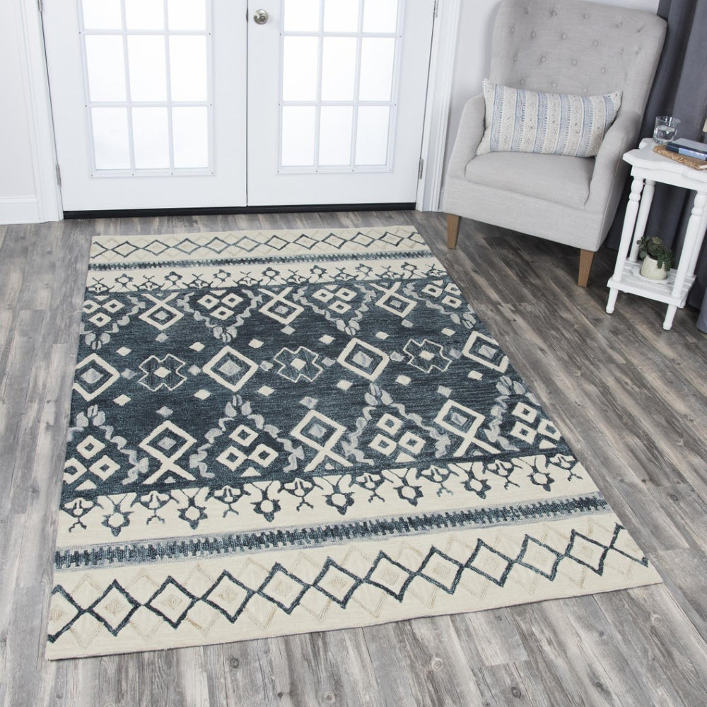 Alora Decor Lavine Hand-Tufted 100% Wool Runner In Beige With Geometric Diamonds, Indigo Stripe, Low Pile (2'6"X8') LAVLV100833DL2608