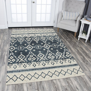 Alora Decor Lavine Hand-Tufted 100% Wool Runner In Beige With Geometric Diamonds, Indigo Stripe, Low Pile (2'6"X8') LAVLV100833DL2608