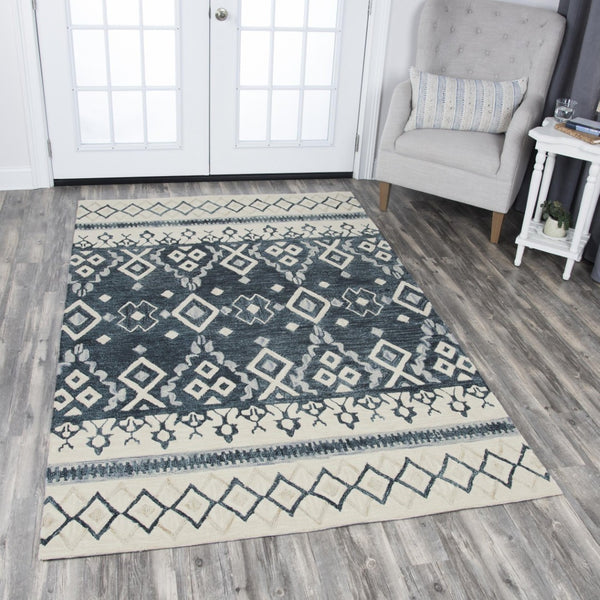 Alora Decor Lavine Hand-Tufted 100% Wool Runner In Beige With Geometric Diamonds, Indigo Stripe, Low Pile (2'6"X8') LAVLV100833DL2608