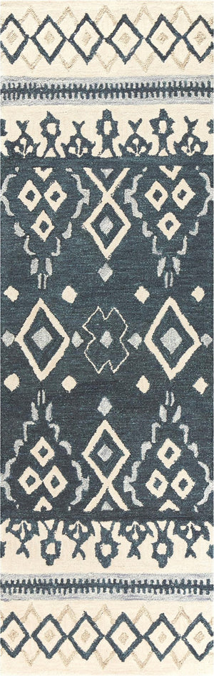 Alora Decor Lavine Hand-Tufted 100% Wool Runner In Beige With Geometric Diamonds, Indigo Stripe, Low Pile (2'6"X8') LAVLV100833DL2608
