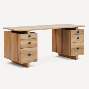 Union Home Valeria Desk - Elegant Fsc Certified Oak With 6 Drawers, Sculptural Design & Warm Cathedral Grain Natural Fsc Certified Oak Wood Lvr00929