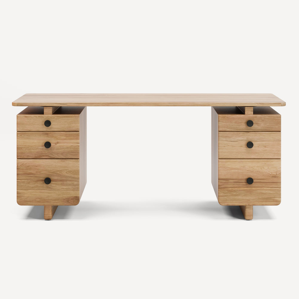 Union Home Valeria Desk - Elegant Fsc Certified Oak With 6 Drawers, Sculptural Design & Warm Cathedral Grain Natural Fsc Certified Oak Wood Lvr00929