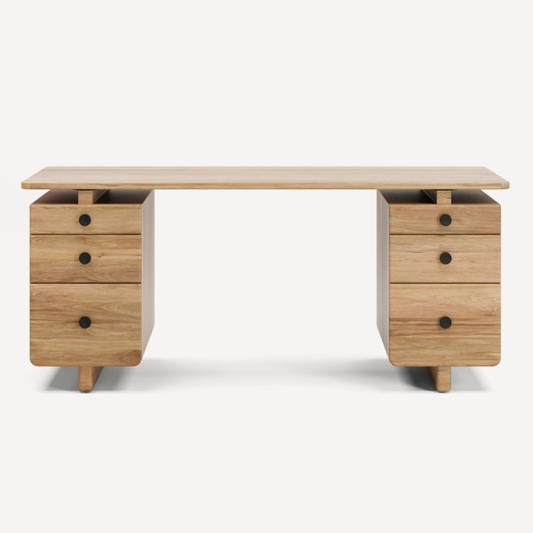 Union Home Valeria Desk - Elegant Fsc Certified Oak With 6 Drawers, Sculptural Design & Warm Cathedral Grain Natural Fsc Certified Oak Wood Lvr00929