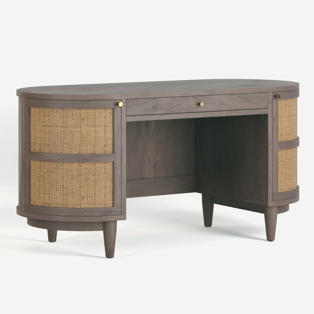 Union Home Canggu Desk - Curved Oak Design With Woven Cane Doors & Ample Storage For Your Stylish Workspace Grey Finish Plantation Grown Acacia & Cane Lvr00931