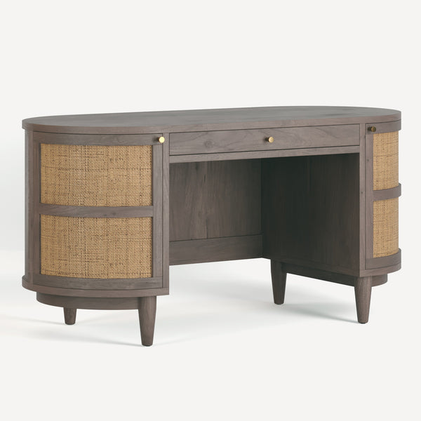 Union Home Canggu Desk - Curved Oak Design With Woven Cane Doors & Ample Storage For Your Stylish Workspace Grey Finish Plantation Grown Acacia & Cane Lvr00931