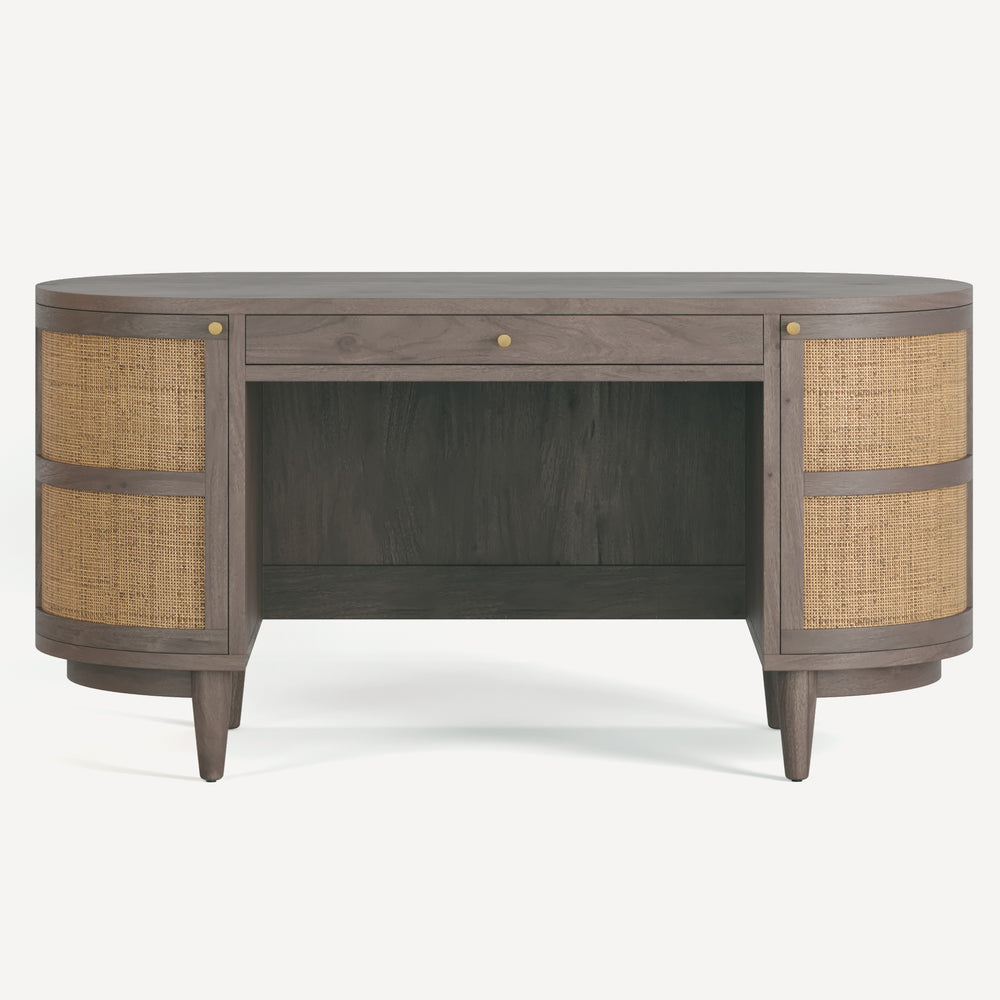 Union Home Canggu Desk - Curved Oak Design With Woven Cane Doors & Ample Storage For Your Stylish Workspace Grey Finish Plantation Grown Acacia & Cane Lvr00931