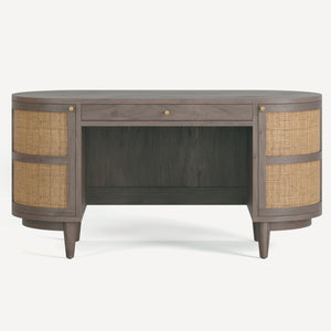 Union Home Canggu Desk - Curved Oak Design With Woven Cane Doors & Ample Storage For Your Stylish Workspace Grey Finish Plantation Grown Acacia & Cane Lvr00931