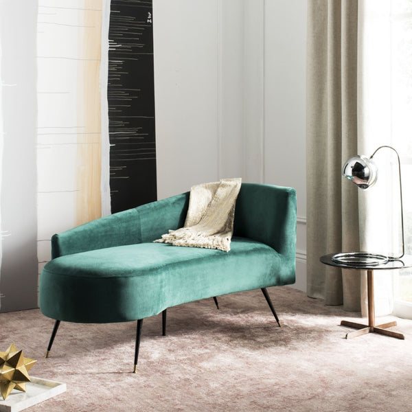 Safavieh Evangeline Elegant Parisian Settee In Plush Velvet With Chic Gold-Capped Metal Legs For Modern Interiors Emerald / Black LVS6300D