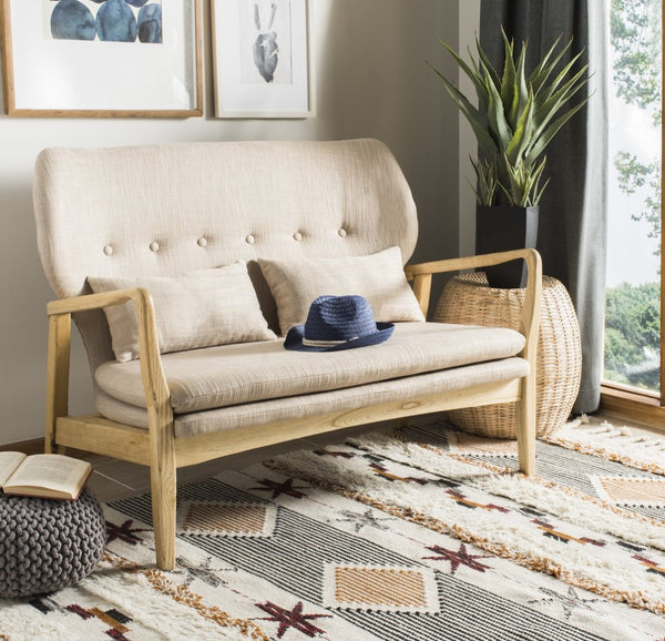 Safavieh Ellaria Loveseat – Scandinavian Minimalism With Natural Elm Wood & Elegant Tufted Upholstery Beige/Natural LVS9500A