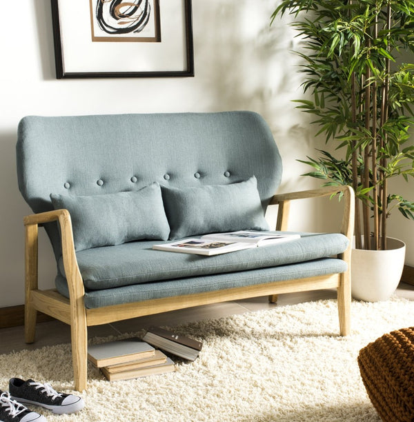 Safavieh Ellaria Loveseat – Scandinavian Minimalism With Natural Elm Wood & Elegant Tufted Upholstery Blue/Natural LVS9500B
