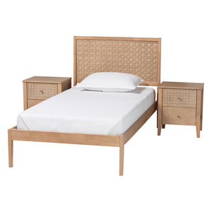 Baxton Studio Lara Twin Bedroom Set Rubberwood Platform Bed Laser Cut Geometric Headboard
