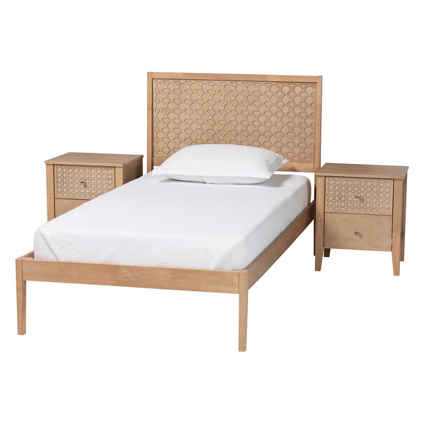 Baxton Studio Lara Twin Bedroom Set Rubberwood Platform Bed Laser Cut Geometric Headboard