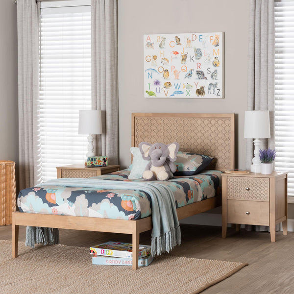 Baxton Studio Lara Twin Bedroom Set Rubberwood Platform Bed Laser Cut Geometric Headboard