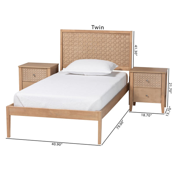 Baxton Studio Lara Twin Bedroom Set Rubberwood Platform Bed Laser Cut Geometric Headboard