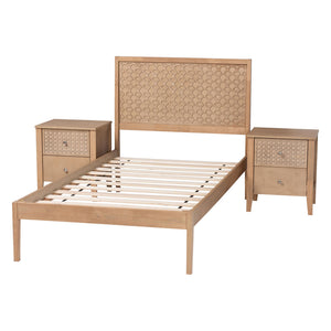 Baxton Studio Lara Twin Bedroom Set Rubberwood Platform Bed Laser Cut Geometric Headboard