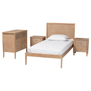 Baxton Studio Baxton Studio Lara Twin Bedroom Set Rubberwood Platform Bed Laser Cut Geometric Headboard Oak Brown + 4-Piece Set (Bed + 2 Nightstands + Dresser) Lara-Natural Wood-4PC Twin Bedroom Set