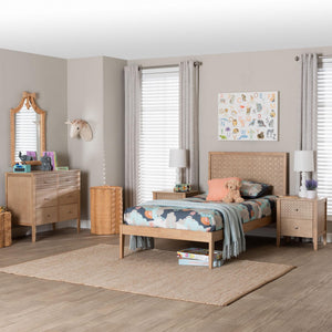 Baxton Studio Lara Twin Bedroom Set Rubberwood Platform Bed Laser Cut Geometric Headboard