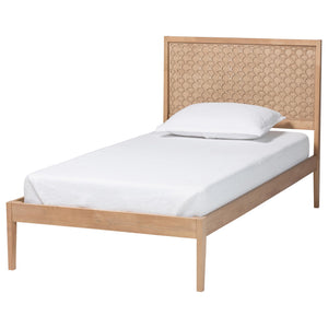 Baxton Studio Lara Twin Bedroom Set Rubberwood Platform Bed Laser Cut Geometric Headboard
