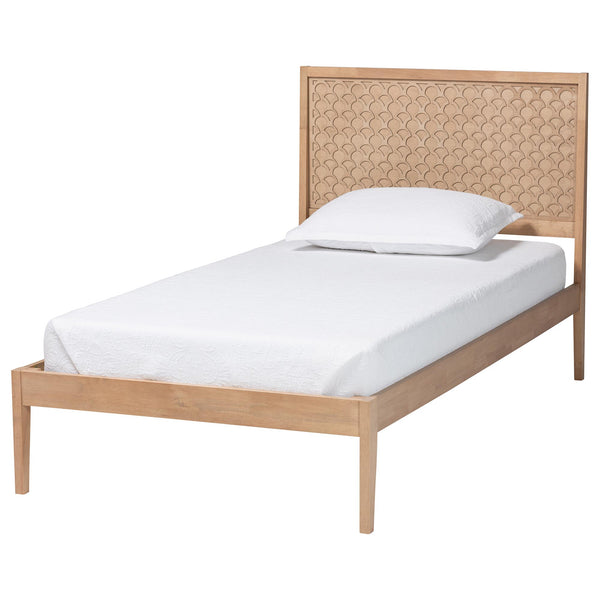 Baxton Studio Lara Twin Bedroom Set Rubberwood Platform Bed Laser Cut Geometric Headboard