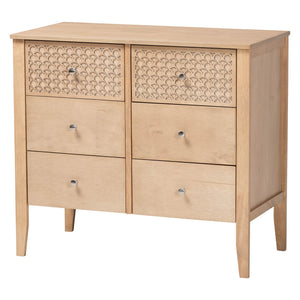 Baxton Studio Baxton Studio Lara Six Drawer Rubberwood Dresser with Geometric Laser Cut Overlay Detail Oak Brown Lara-Natural Wood-Dresser